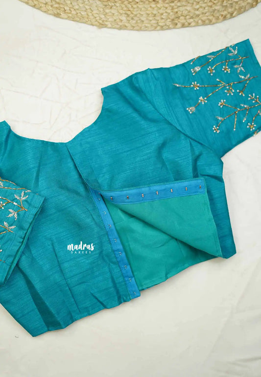 Turquoise blue silkcotton High neck readymade work blouse with back hook - Aazhi