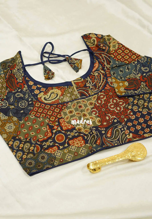 Patch work print Pure cotton readymade blouse Blue based multicolor - Aazhi