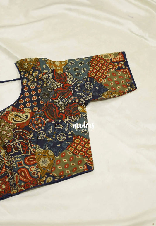 Patch work print Pure cotton readymade blouse Blue based multicolor - Aazhi