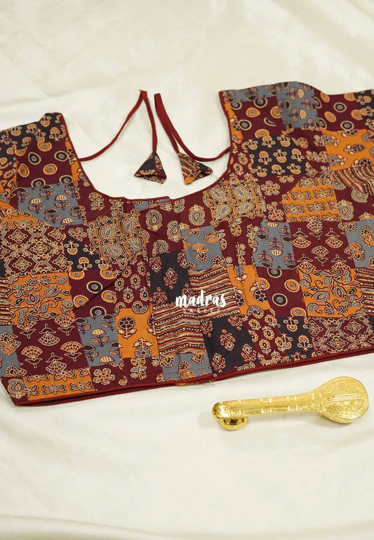 Patch work print Pure cotton readymade blouse Maroon based multicolor - Aazhi