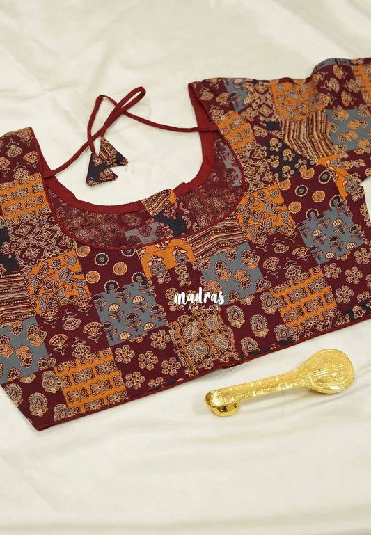 Patch work print Pure cotton readymade blouse Maroon based multicolor - Aazhi