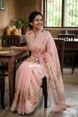 (PRE-BOOKING) Peach Blossom - Pragathi - Soft Alia linen cotton saree with Floral Prints for Teachers | 7 Narrow Pleats Drape | Under ₹1000