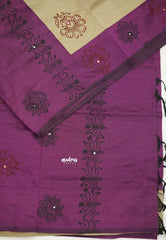 Ambigai polycotton with mirror work - Cream with purple