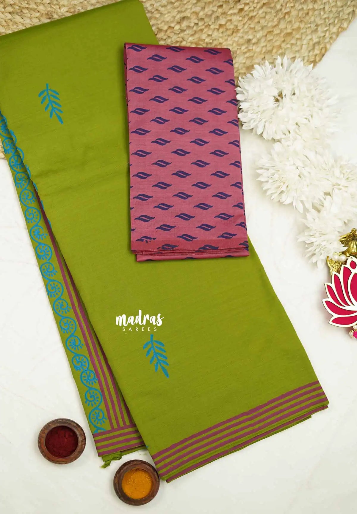 Ambigai polycotton with blouse combo leaf prints - Forest green