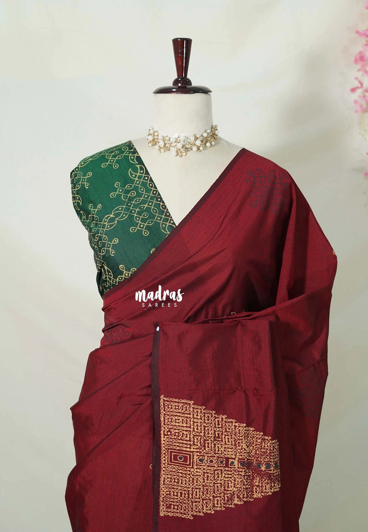 Temple Maroon - Ambigai polycotton with Temple Border and Double Blouse Combo - Best for Temple Visit