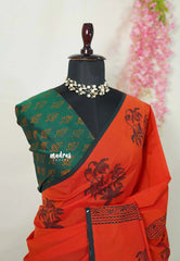 Neon Orange - Ambigai polycotton with contrast blouse combo