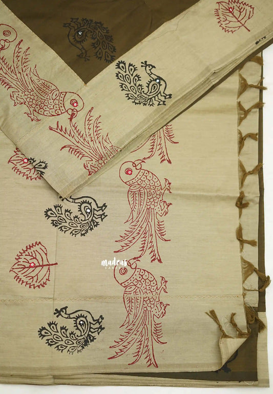 Ambigai polycotton with mirror work - Mehendi green with mayil