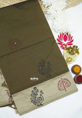 Ambigai polycotton with mirror work - Mehendi green with mayil