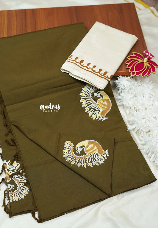 Mehendi brown - Ambigai - Peacock Handblocked south cotton with raw silk blouse combo