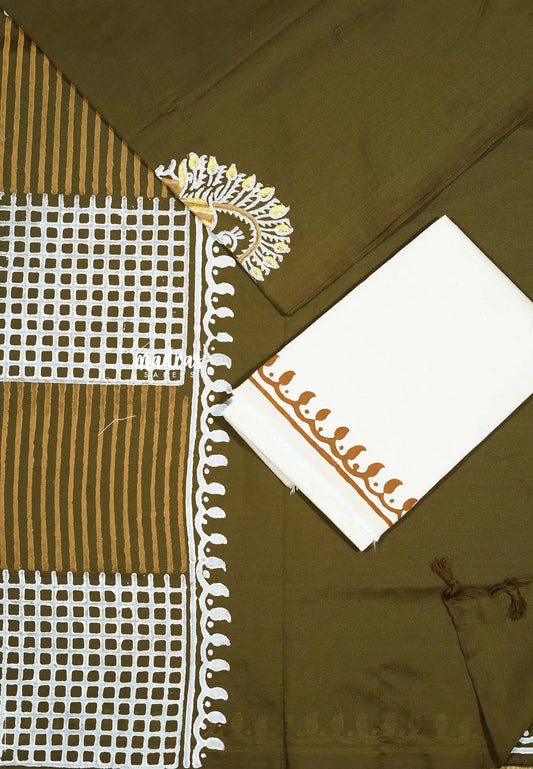 Mehendi brown - Ambigai - Peacock Handblocked south cotton with raw silk blouse combo