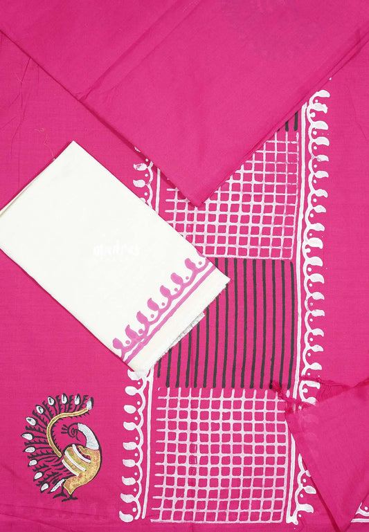 Rani pink - Ambigai - Peacock Handblocked south cotton with raw silk blouse combo