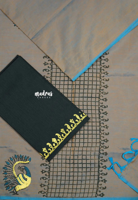 Dualshade greyish blue - Ambigai - Mayil Handblocked south cotton with raw silk blouse