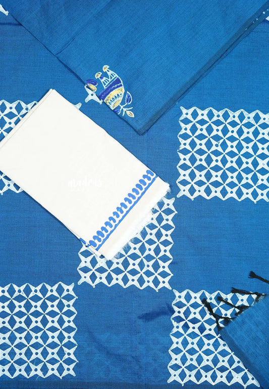 Peacock blue - Ambigai - Folkarts Handblocked south cotton with raw silk blouse combo