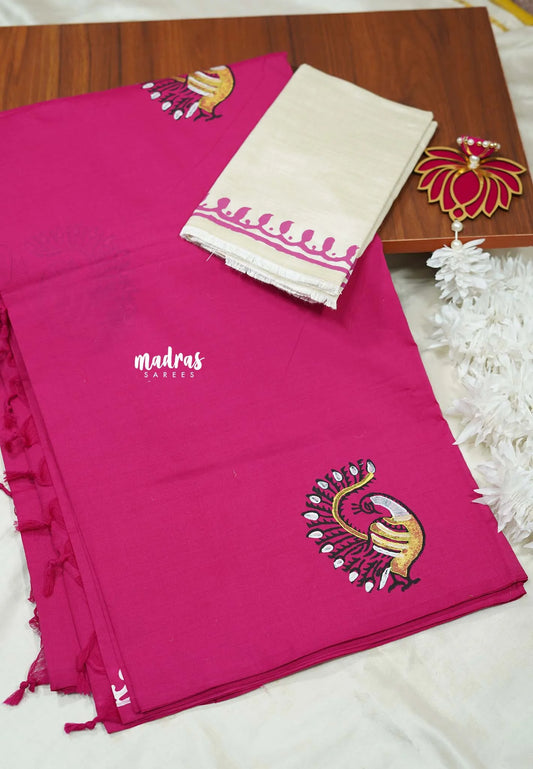 Rani pink - Ambigai - Peacock Handblocked south cotton with raw silk blouse combo