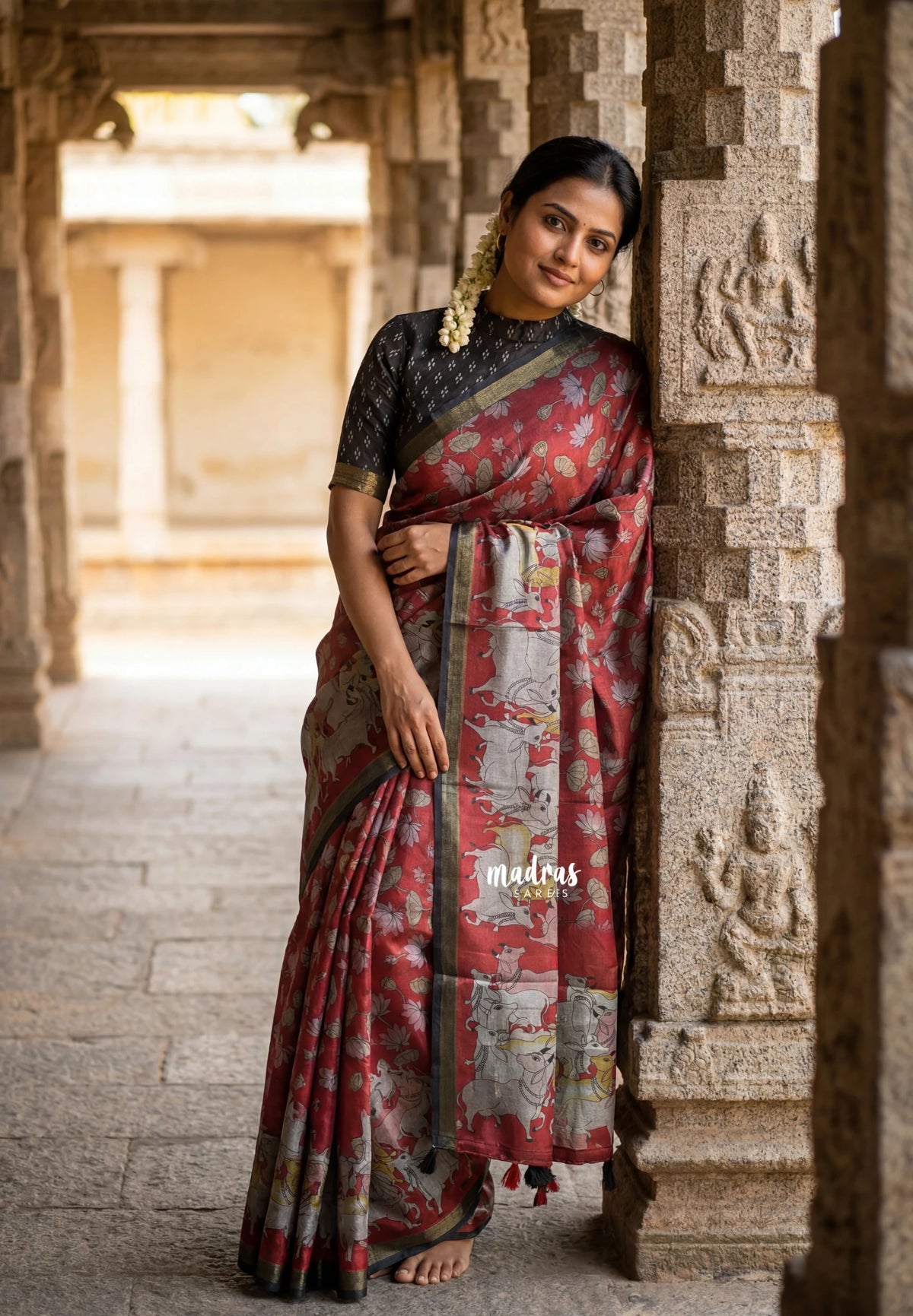 Pinkish Maroon - Ananya - Soft Mangalore Silk Saree with Pichwai Lotus And Cow Prints - Best for Office Wear