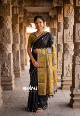 Ebony Black - Ananya - Soft Mangalore Silk Saree Metallic Shades Pichwai Prints Pallu and Blouse with Buttas - Perfect for Office Wear | Casual Wear