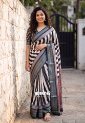 Black and White - Ananya - Soft Mangalore Silk Saree Metallic Shades with Ajrakh Prints - Perfect for Office Wear | Casual Wear