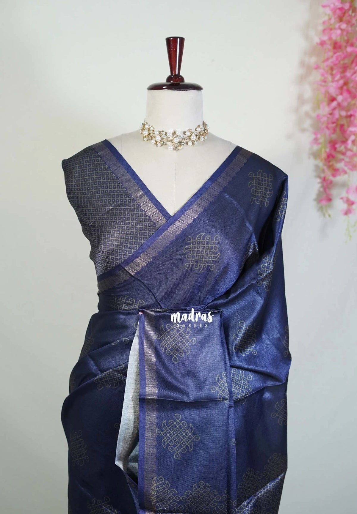 Midnight Blue - Ananya - Soft Mangalore Silk Saree with Kolam Prints  - Best for Casual Gatherings