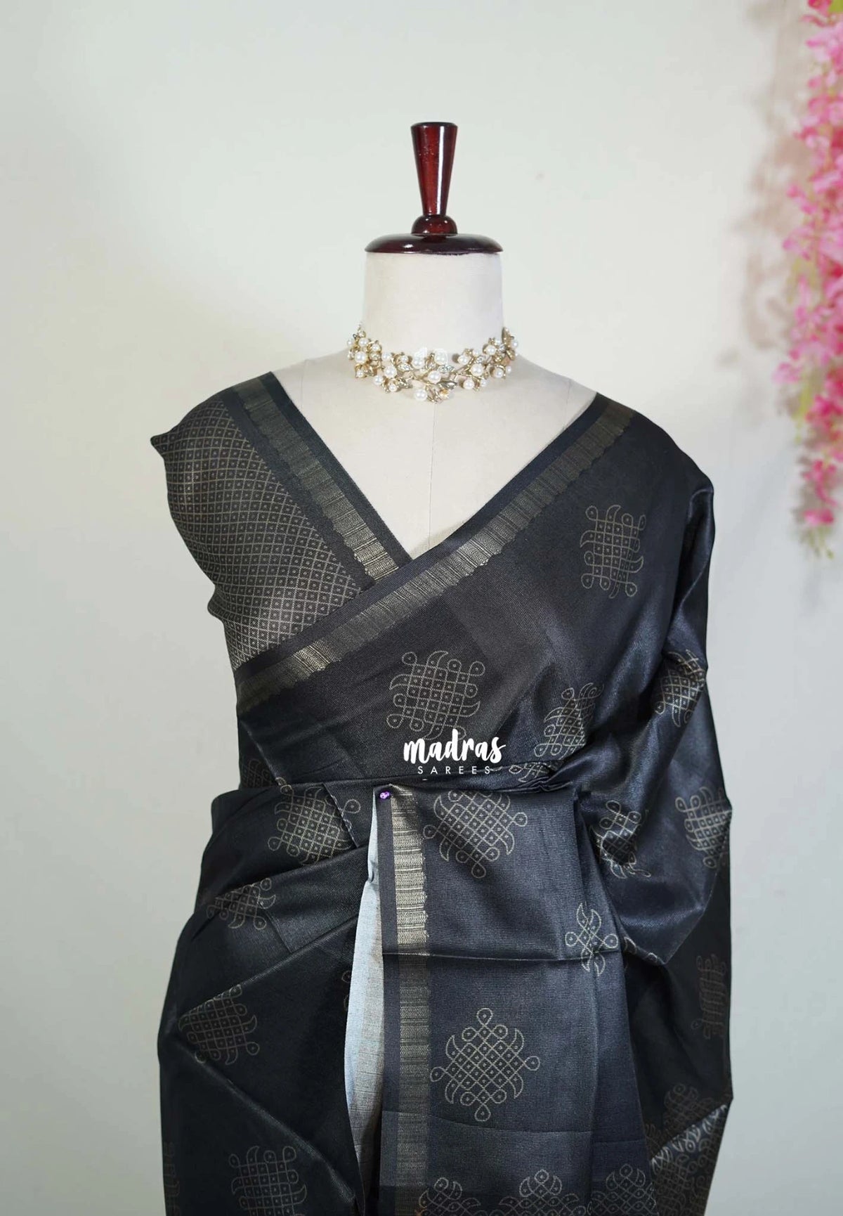 Jet Black - Ananya - Soft Mangalore Silk Saree with Kolam Prints  - Best for Casual Gatherings