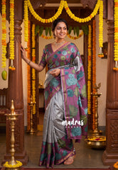 Silver Grey - Ananya - Soft Mangalore Silk Saree Metallic Shades with Pichwai Prints Border, Pallu and Blouse - Perfect for Office Wear | Casual Wear