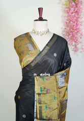 Ebony Black - Ananya - Soft Mangalore Silk Saree Metallic Shades Pichwai Prints Pallu and Blouse with Buttas - Perfect for Office Wear | Casual Wear