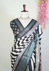 Black and White - Ananya - Soft Mangalore Silk Saree Metallic Shades with Ajrakh Prints - Perfect for Office Wear | Casual Wear