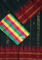 Midnight Dark Green - Andal - Mercerised Cotton with Silk Finish Kanchi Border and Buttas with Madras Kattam Silk Blouse - Perfect for Regular Wear | Casual Wear