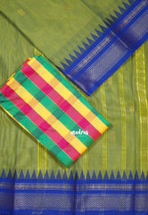 Chutney Green - Andal - Mercerised Cotton with Silk Finish Kanchi Border and Buttas with Madras Kattam Silk Blouse - Perfect for Regular Wear | Casual Wear