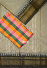Taupe Grey - Andal - Mercerised Cotton with Silk Finish Kanchi Border and Buttas with Madras Kattam Silk Blouse - Perfect for Regular Wear | Casual Wear