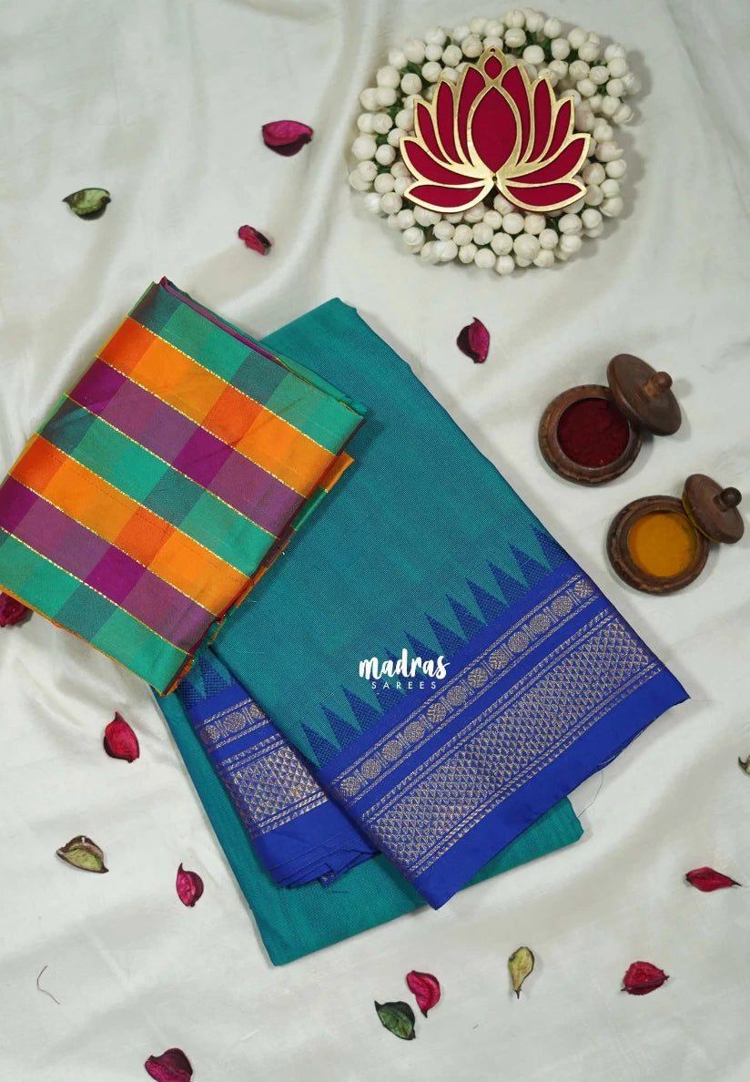 Muted Teal Green - Andal - Mercerised Cotton with Silk Finish Kanchi Border and Buttas with Madras Kattam Silk Blouse - Perfect for Regular Wear | Casual Wear