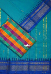 Teal Blue - Andal - Mercerised Cotton with Silk Finish Kanchi Border and Buttas with Madras Kattam Silk Blouse - Perfect for Regular Wear | Casual Wear