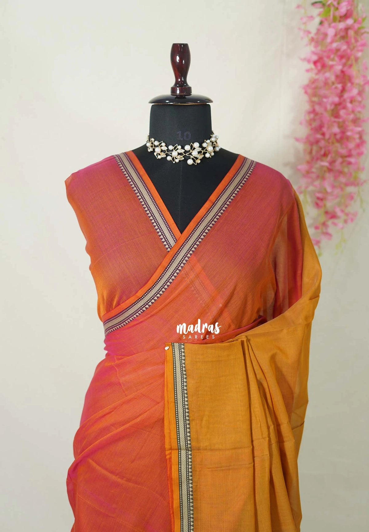 Dual Shade Candle Light Peach - Andal - Mercerised Cotton with Silk Finish Thread Weaving Border - Perfect for Regular Wear | Casual Wear