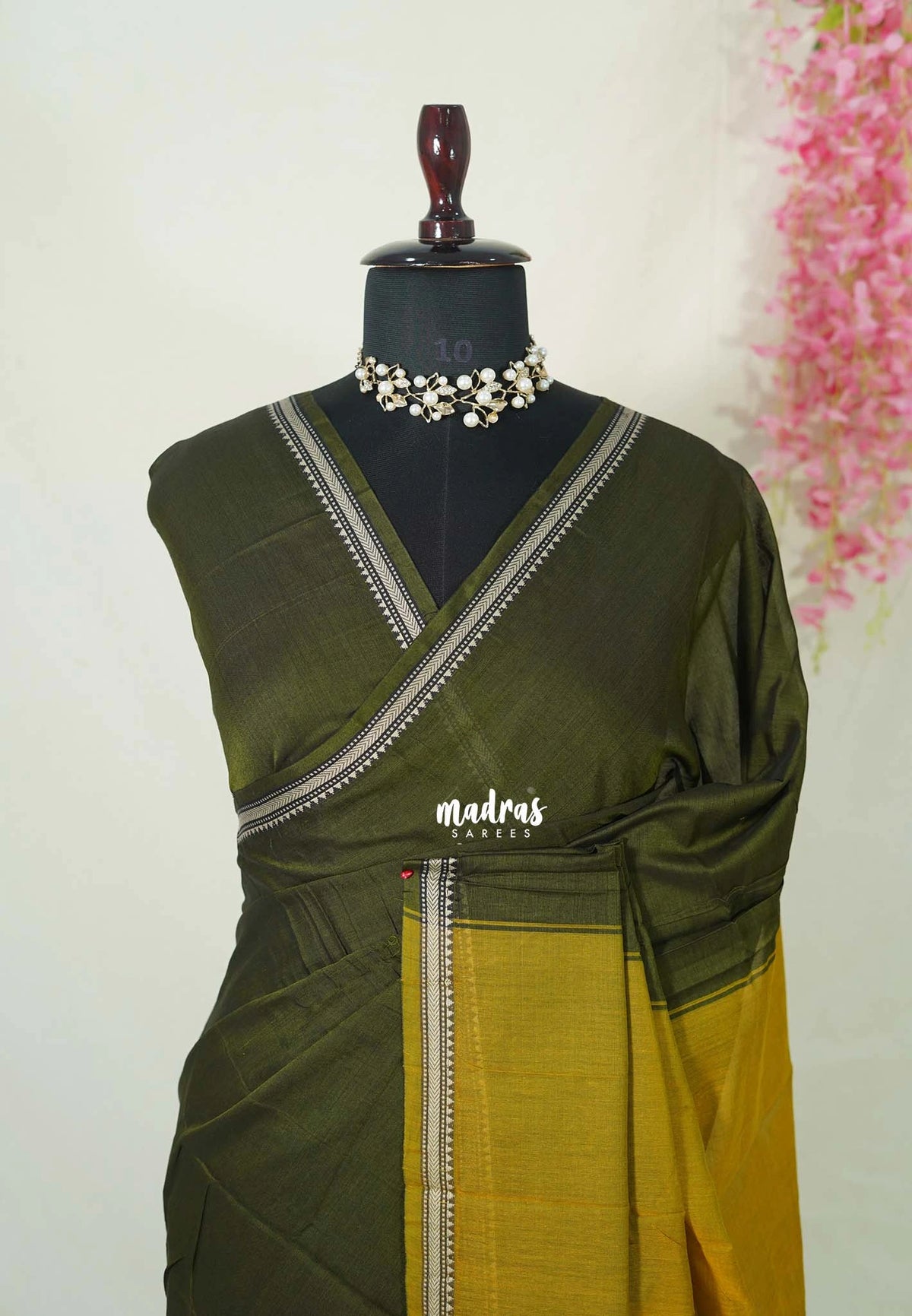 Dual Shade Dark Olive Green - Andal - Mercerised Cotton with Silk Finish Thread Weaving Border - Perfect for Regular Wear | Casual Wear