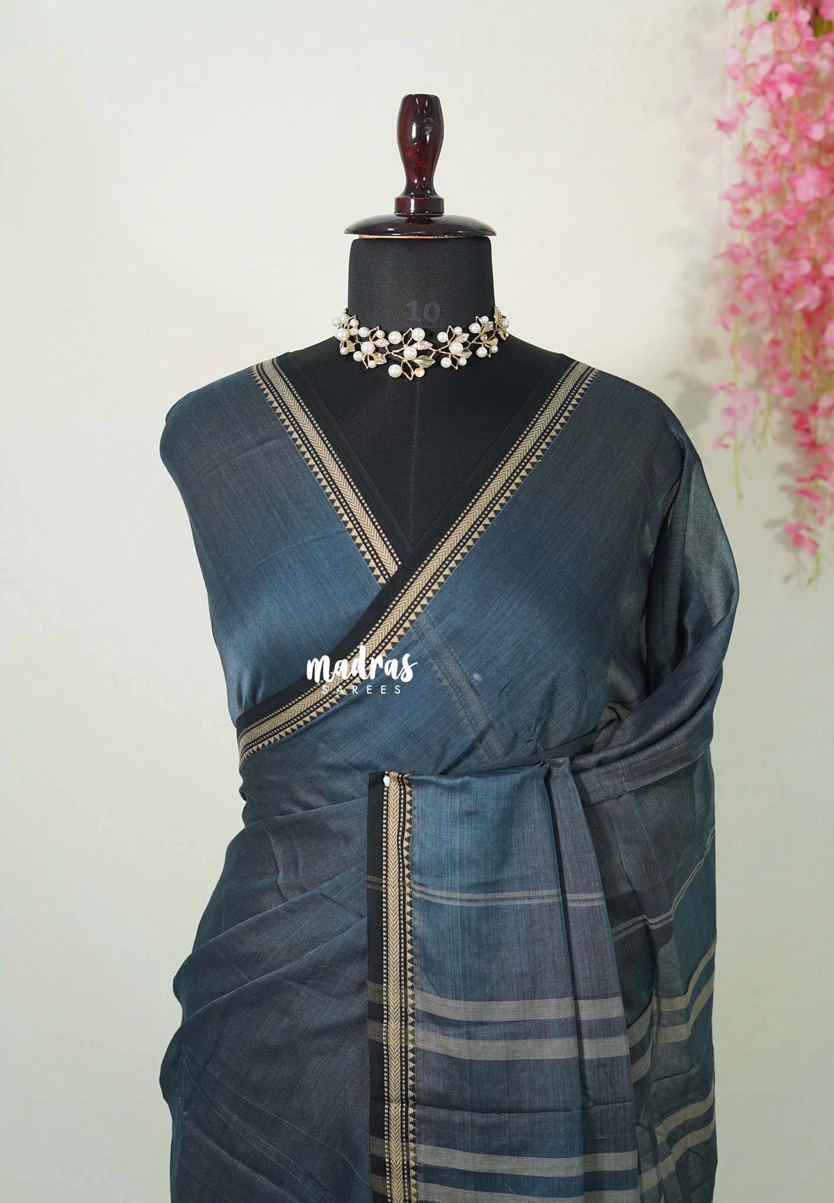 Payne's Grey - Andal – Narayanpet Silk Cotton with Thread Weaving Border - Perfect for Regular Wear | Casual Wear