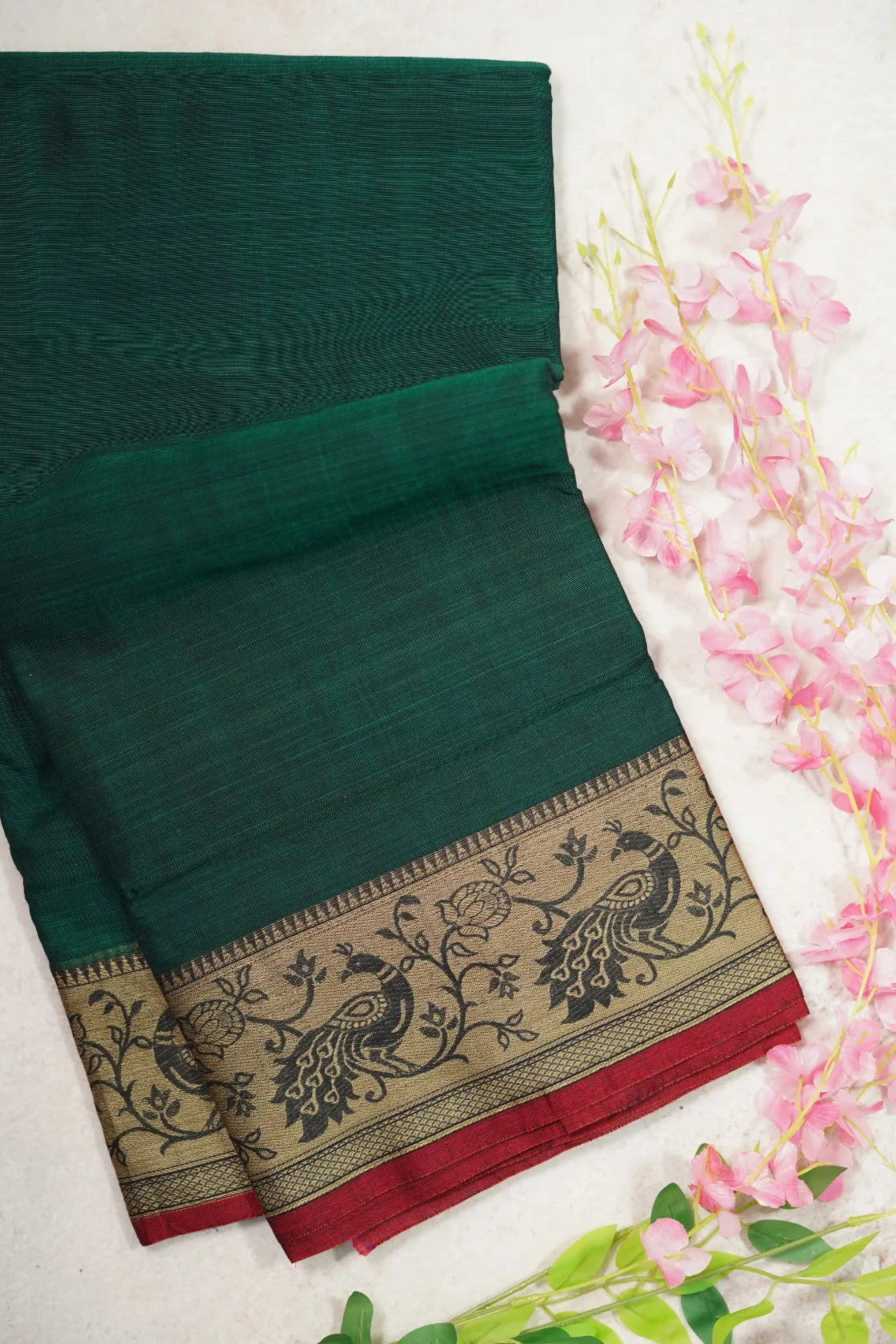 Emerald Green - Andal – Narayanpet Silk Cotton with Peacock Thread Weaving Border - Perfect for Regular Wear | Casual Wear