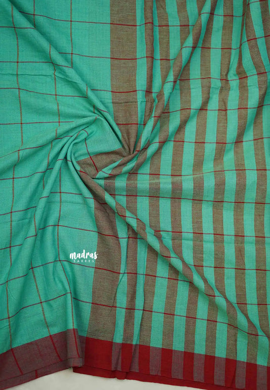 Andrea - Khadi cotton saree checks sea green