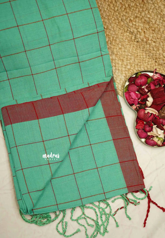 Andrea - Khadi cotton saree checks sea green