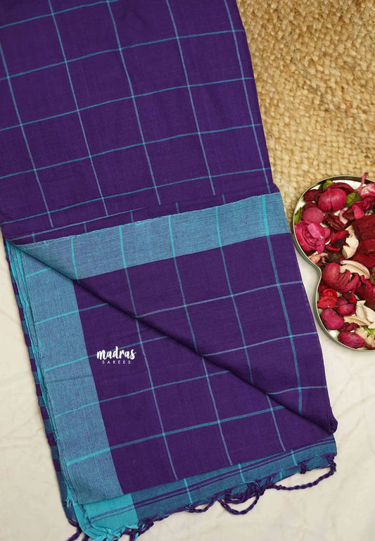 Andrea - Khadi cotton violet blue checks blue border