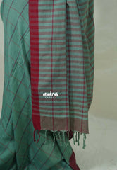Muted Sea Green - Andrea - Soft Khadi Cotton Saree Checks with Plain Border