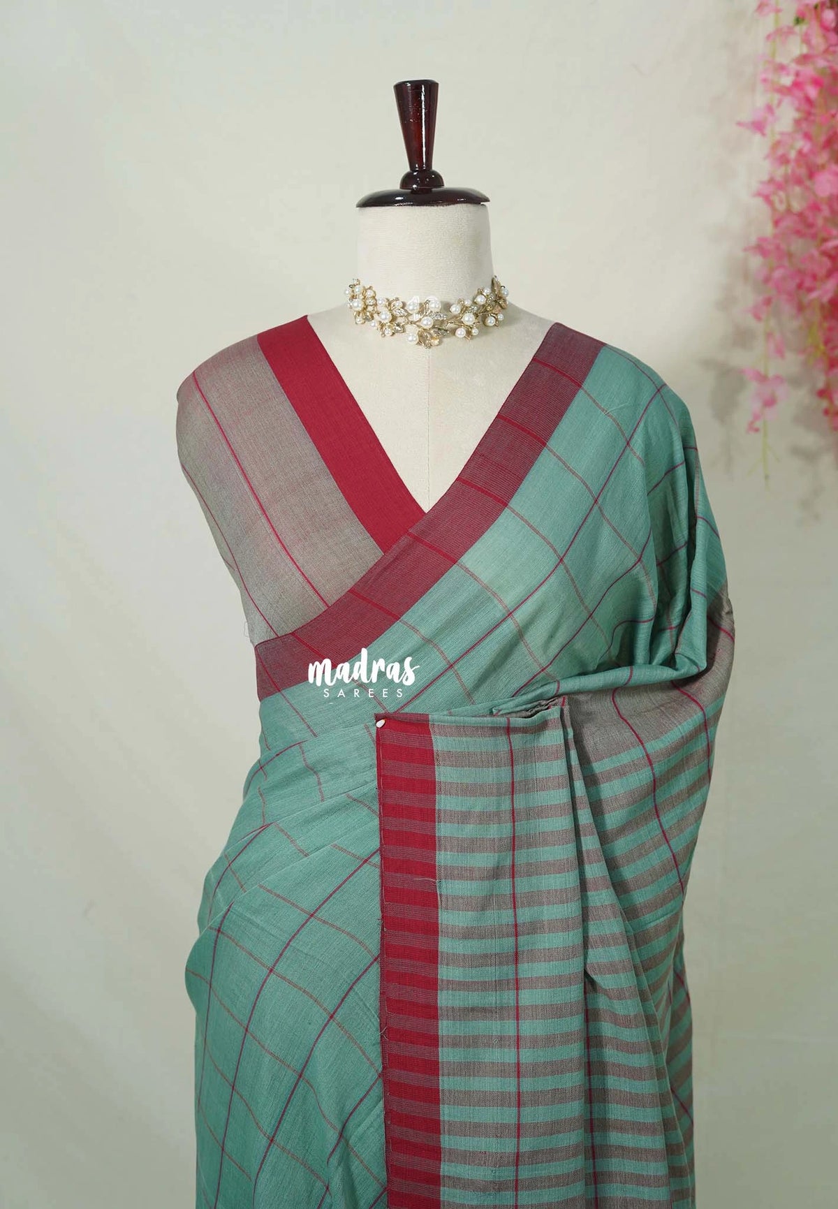 Muted Sea Green - Andrea - Soft Khadi Cotton Saree Checks with Plain Border