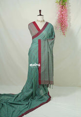 Muted Sea Green - Andrea - Soft Khadi Cotton Saree Checks with Plain Border