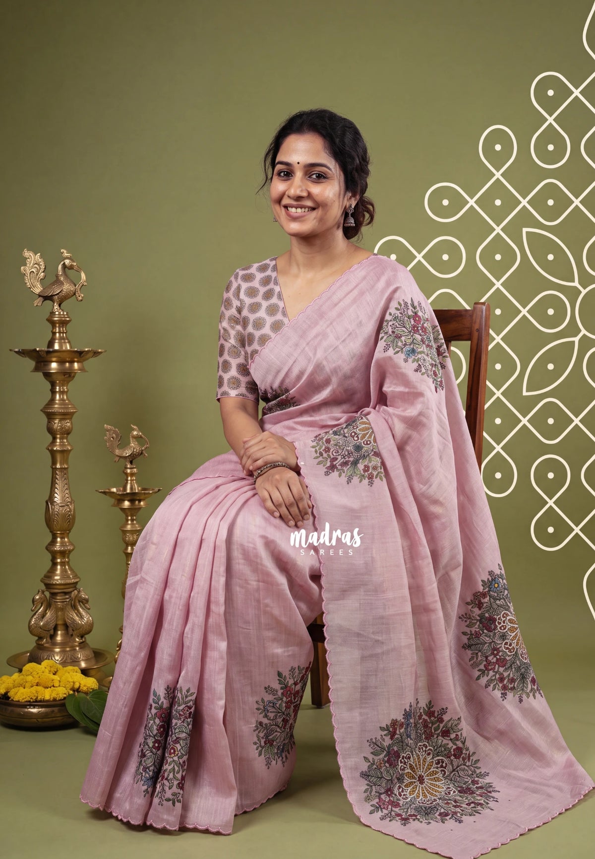 Muted Onion Pink - ANJALI - Soft Tissue linen Saree Embroidery with Scallop - Perfect for Festive Wear