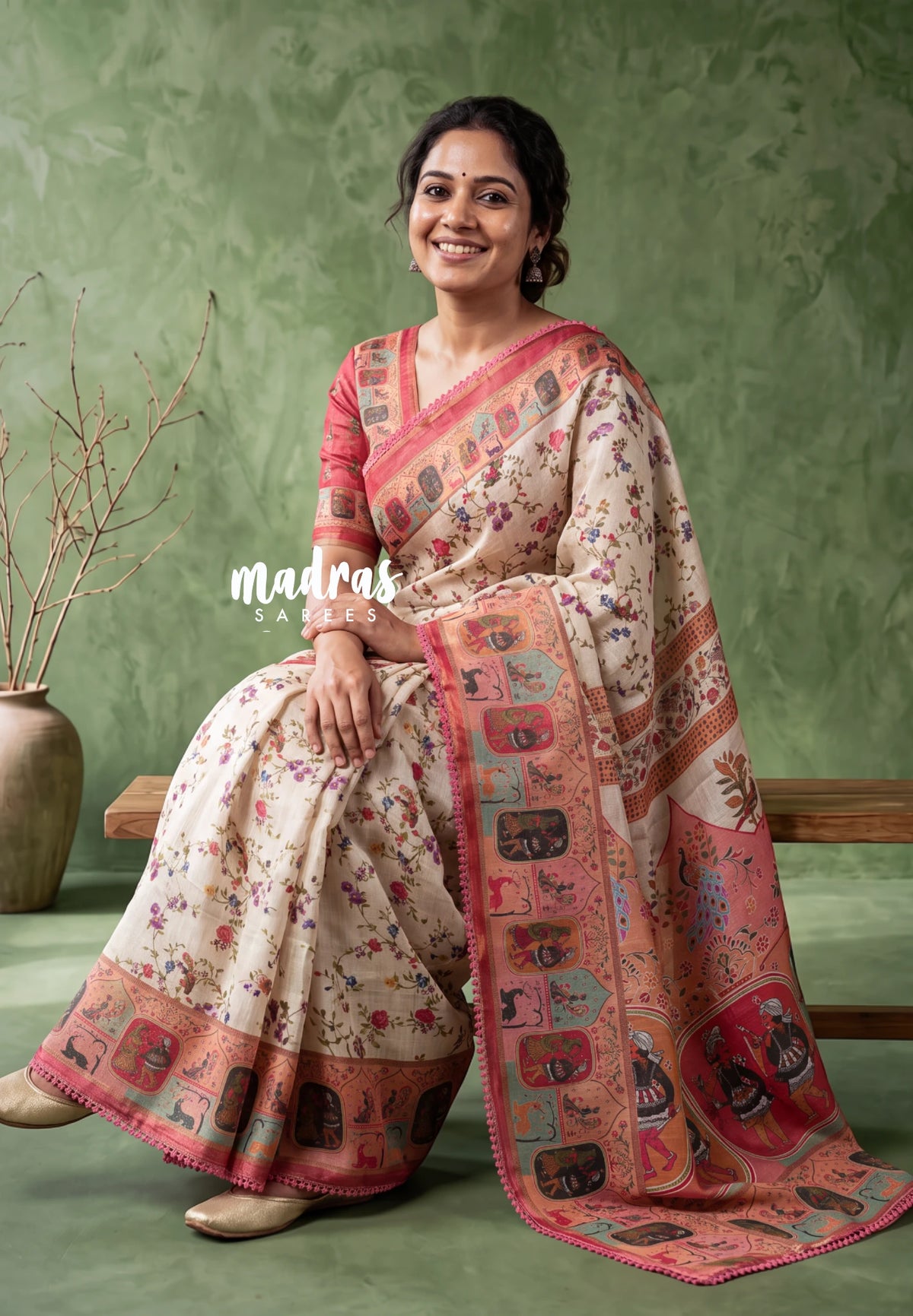 Sandal Beige with Lace - ANJALI - Soft Tissue linen Saree with Floral Prints with Lace Work - Perfect for Festive Wear