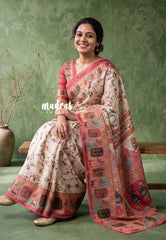 Sandal Beige with Lace - ANJALI - Soft Tissue linen Saree with Floral Prints with Lace Work - Perfect for Festive Wear