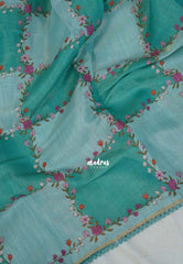 Aqua Glow with Lace - ANJALI - Soft Tissue linen Saree with Floral Prints with Lace Work - Perfect for Festive Wear