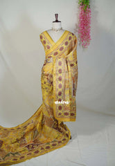 Mustard Yellow with Lace - ANJALI - Soft Tissue linen Saree with Floral Prints with Lace Work - Perfect for Festive Wear