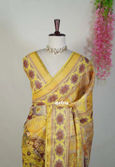 Mustard Yellow with Lace - ANJALI - Soft Tissue linen Saree with Floral Prints with Lace Work - Perfect for Festive Wear