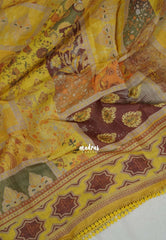 Mustard Yellow with Lace - ANJALI - Soft Tissue linen Saree with Floral Prints with Lace Work - Perfect for Festive Wear