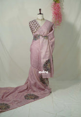 Muted Onion Pink - ANJALI - Soft Tissue linen Saree Embroidery with Scallop - Perfect for Festive Wear