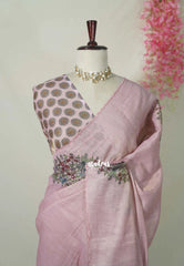 Muted Onion Pink - ANJALI - Soft Tissue linen Saree Embroidery with Scallop - Perfect for Festive Wear